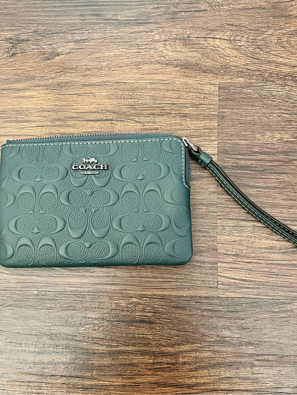 Coach Dark Green Leather Card Zip Pouch with Silver Zipper